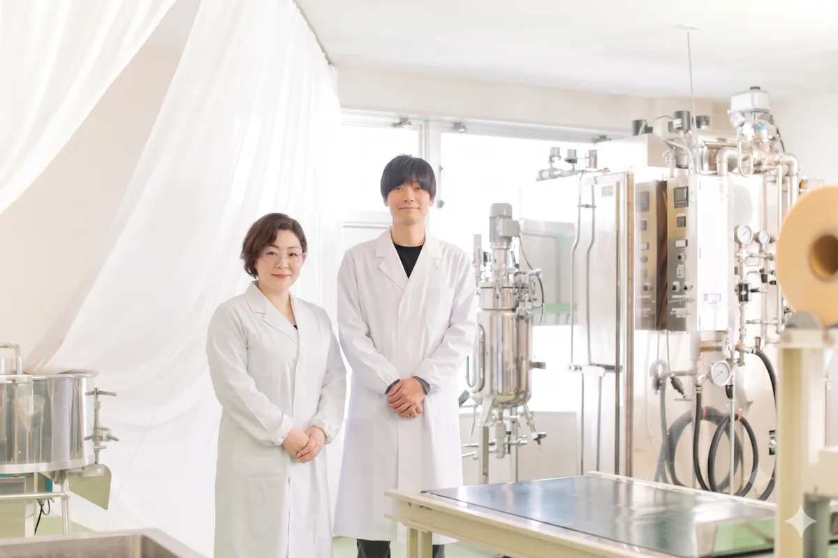 株式会社きものブレインのメンバーが研究設備の前に立つ様子
