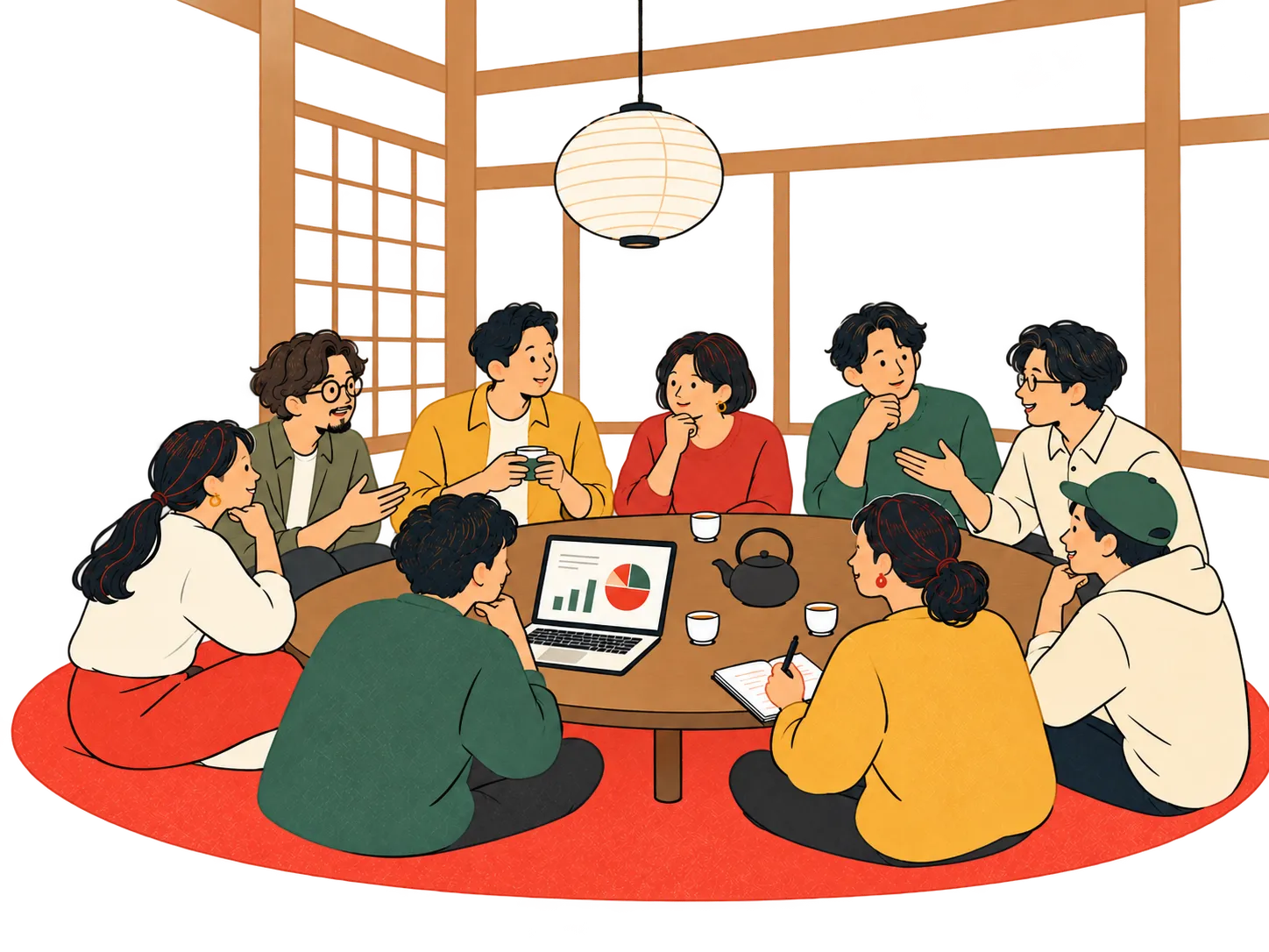 古民家のテーブルを囲み、お茶を飲みながらWeb集客について相談する人たち