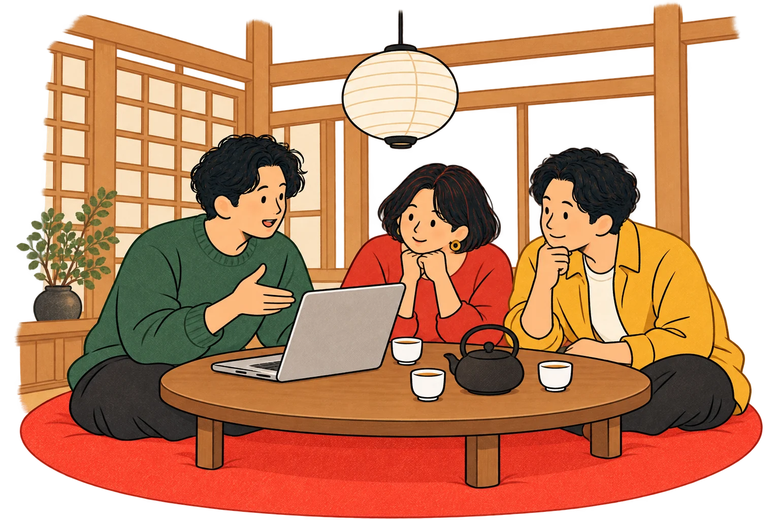 古民家のテーブルを囲み、SEOの提案内容を一緒に考えるメンバー