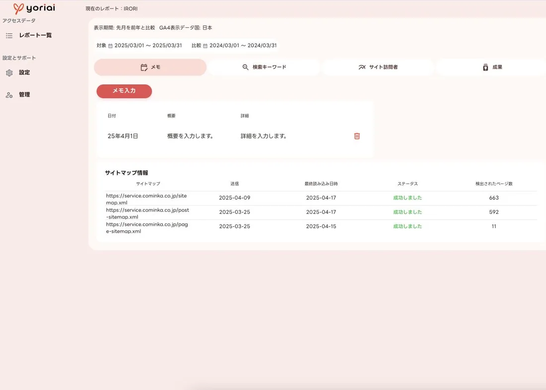 メモとサイトマップ情報を表示したyoriaiレポート画面