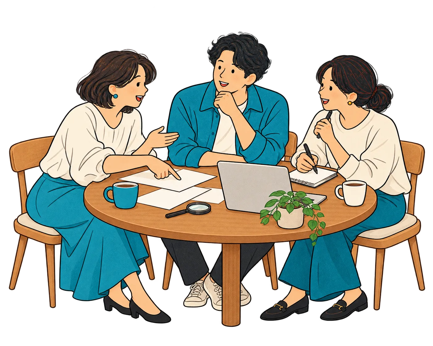 円卓を囲み、キーワードや施策について一緒に相談する三人のイラスト