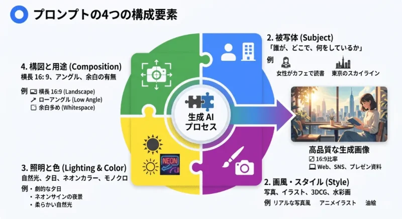 高品質なプロンプトを構成する4つの要素(被写体、画風・スタイル、照明と色、構図と用途)をまとめたインフォグラフィック