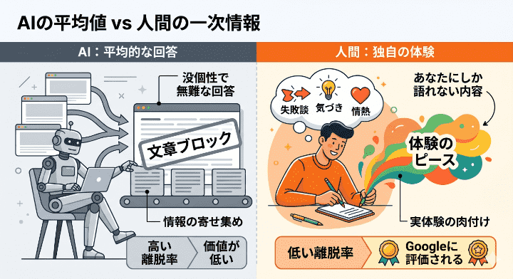 AIの平均的な情報と、人間の独自の体験・一次情報の価値の違いを対比した図解