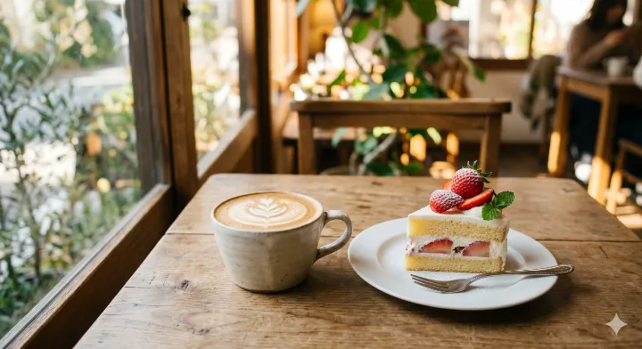プロンプト例で生成した、ラテアートのあるカフェラテとショートケーキのおしゃれなフード写真