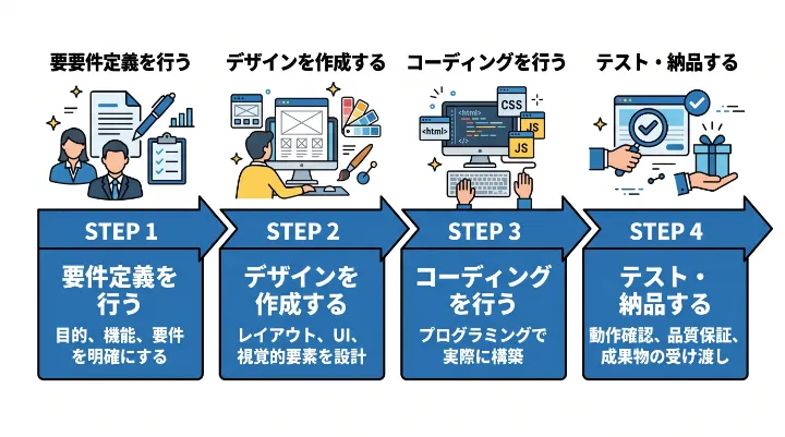 プロンプト例で生成した、要件定義から納品までの4つの手順を解説する見やすいステップ図