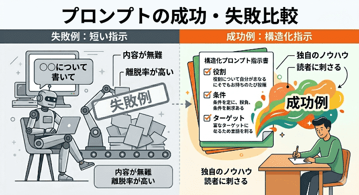 曖昧で短いプロンプト（悪い例）と、詳細な構造化プロンプト（良い例）の結果の違いを比較した図解