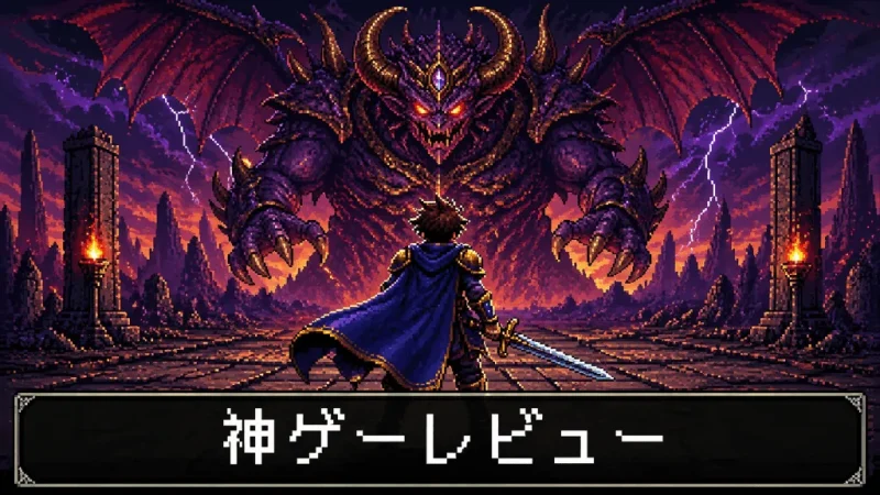 モンスターと対峙する勇者の後ろ姿を描いたレトロなゲーム風ドット絵アイキャッチ(ChatGPT生成)