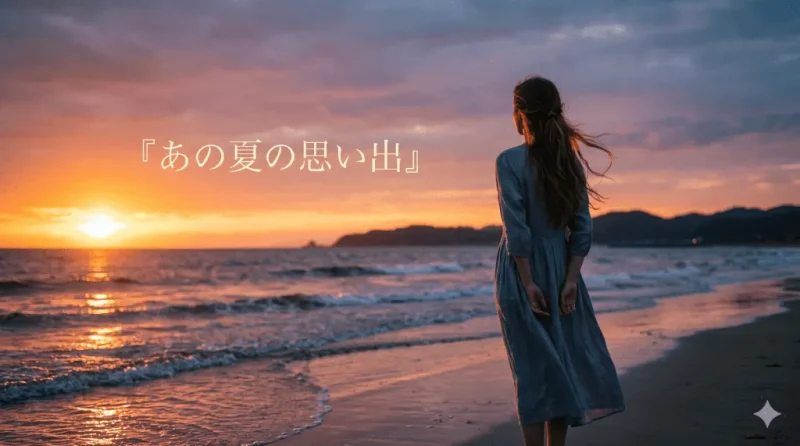 海岸で夕日を見つめる人物のシネマティック・エモーショナル風アイキャッチ画像(Gemini生成)