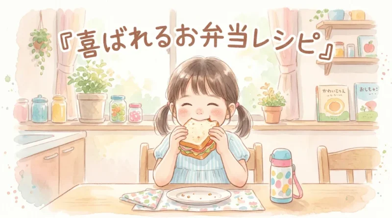 サンドイッチを食べる子供を描いた水彩画・手書き風のアイキャッチ画像(Gemini生成)