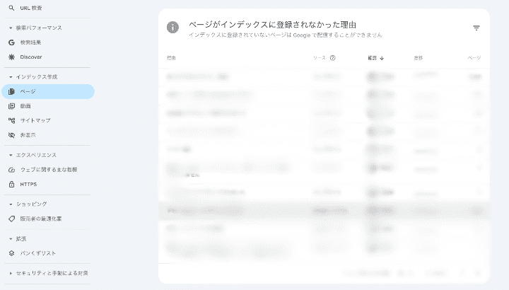 サーチコンソールの「ページ」レポートにある、インデックスに登録されなかった理由(エラー内容)の一覧画面