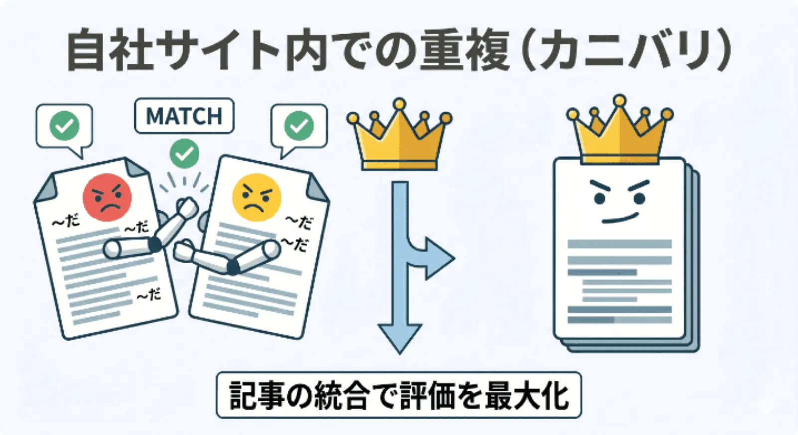 自社サイト内の似た記事同士が評価を食い合うカニバリゼーションと、記事統合による解決策の図解