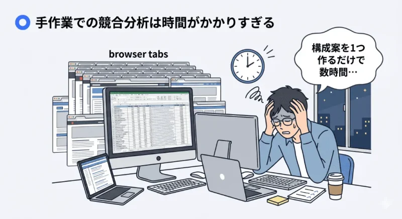 大量のブラウザタブとスプレッドシートを前に、頭を抱えて悩む男性のイラスト。上部に「手作業での競合分析は時間がかかりすぎる」、吹き出しに「構成案を1つ作るだけで数時間…」というテキスト。