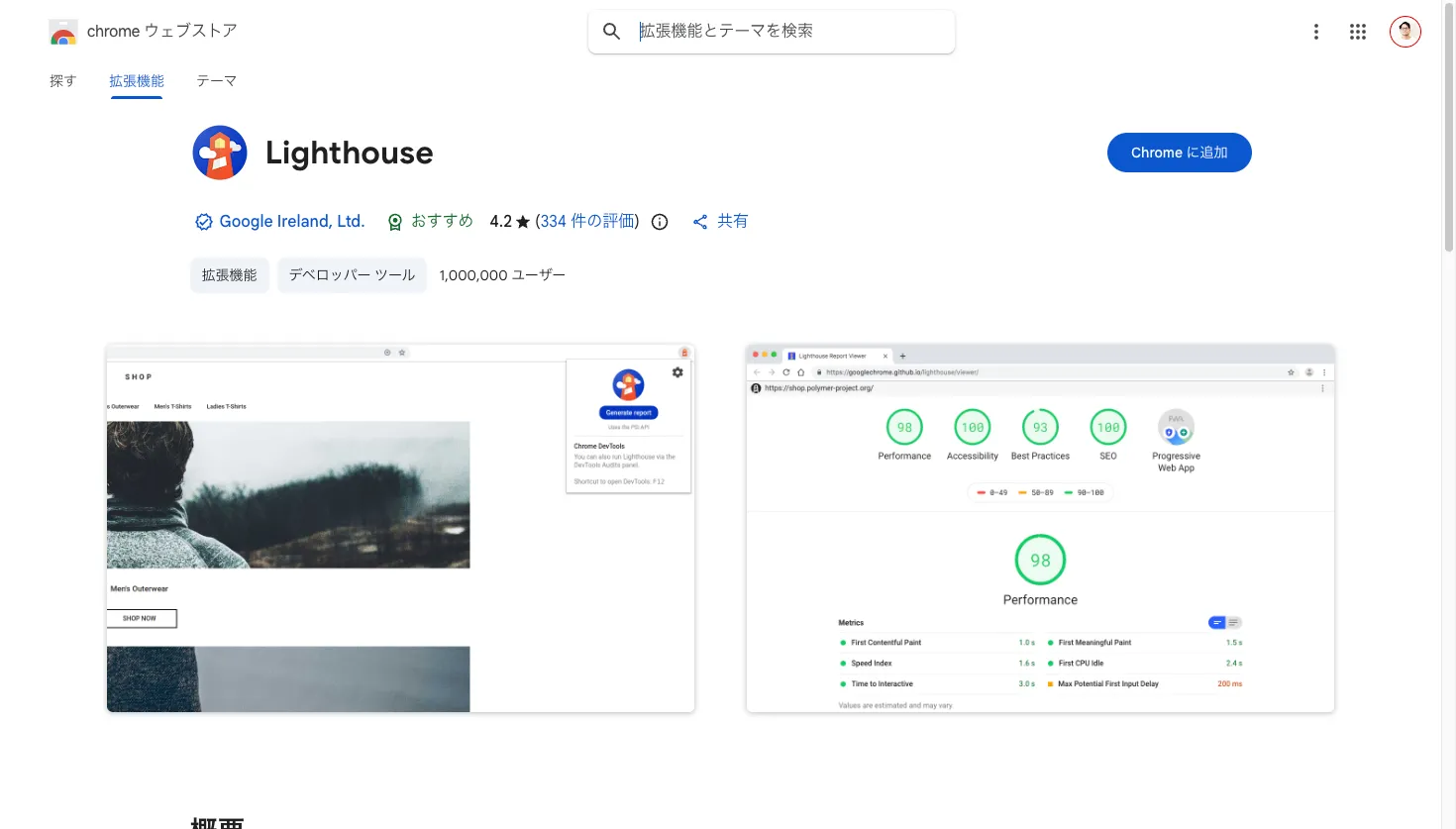 LighthouseのChromeウェブストア掲載画面とパフォーマンス監査機能の紹介