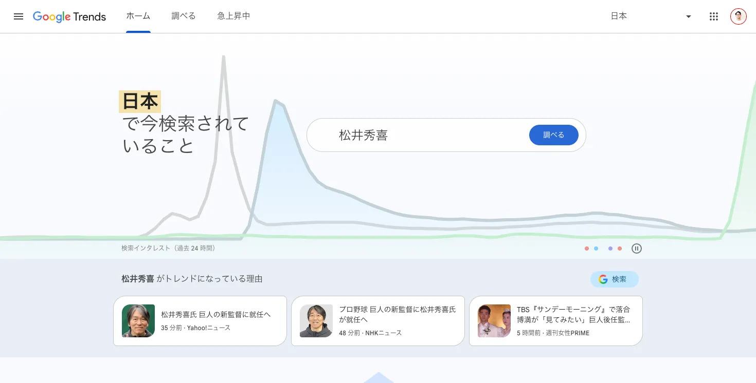 Googleトレンドで期間ごとの検索関心と季節変動を比較する画面