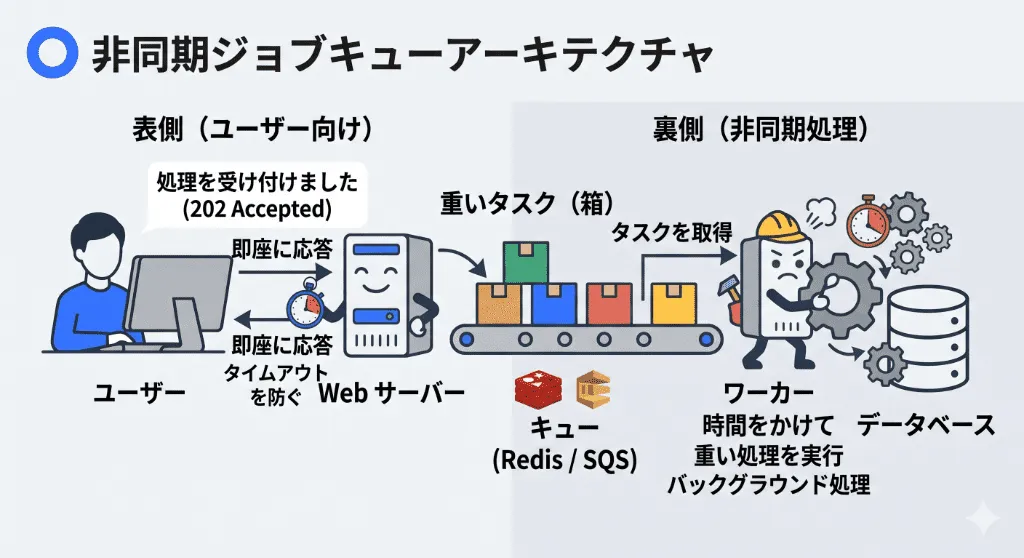 同期処理によるタイムアウトを回避する、RedisやSQSを用いた非同期ジョブキュー(ワーカープロセス)アーキテクチャの図解
