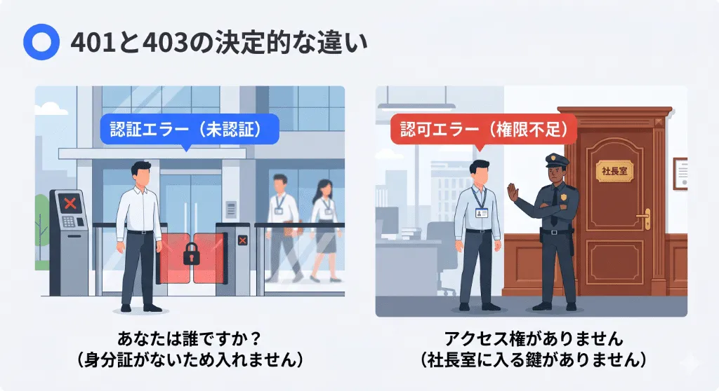 401 Unauthorized(未認証でビルに入れない)と403 Forbidden(権限不足で社長室に入れない)の違いの図解