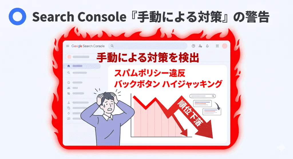 Google Search Consoleに届く「手動による対策(スパム判定)」の警告イメージ。パニックになってページを全削除せず、原因を特定することが重要。