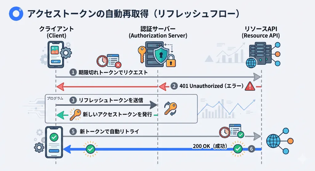 401エラー検知後にリフレッシュトークンを用いてアクセストークンを再取得するサイレントリフレッシュのフロー図解