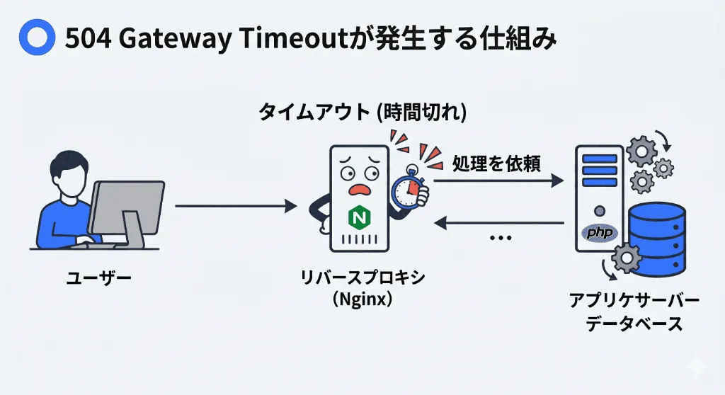 リバースプロキシとアップストリーム間の通信バケツリレーと、504 Gateway Timeoutが発生する仕組みの図解