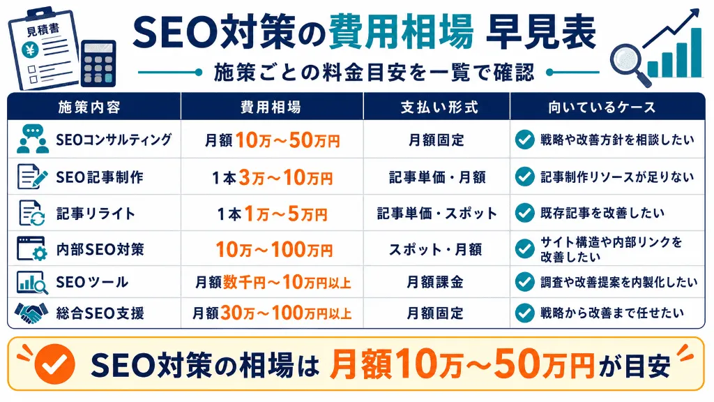 SEOコンサルティング・SEO記事制作・記事リライト・内部SEO対策・SEOツール・総合SEO支援の費用相場を一覧で比較した図