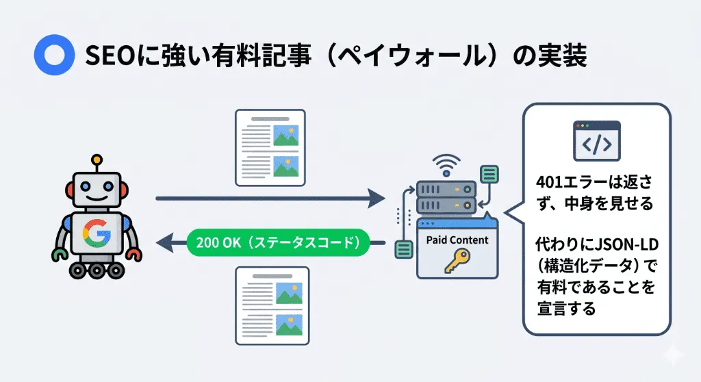 Googlebotには200 OKを返しつつ、構造化データ(JSON-LD)で有料記事であることを明示する正しいペイウォール実装の図解