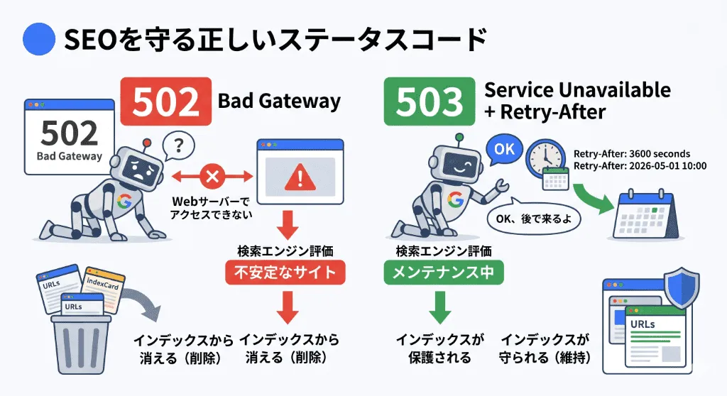 SEO評価を守るための、502エラーと503(Retry-After)によるメンテナンス通知の違いの比較図