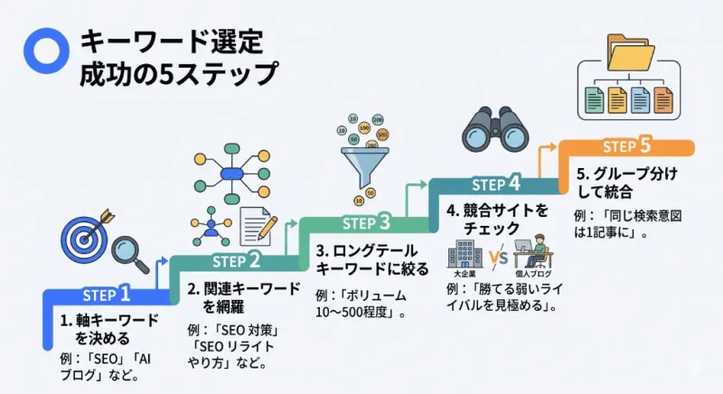 ブログのキーワード選定を成功させる5つのステップ（軸キーワード決定からグループ分けまで）のロードマップ図解