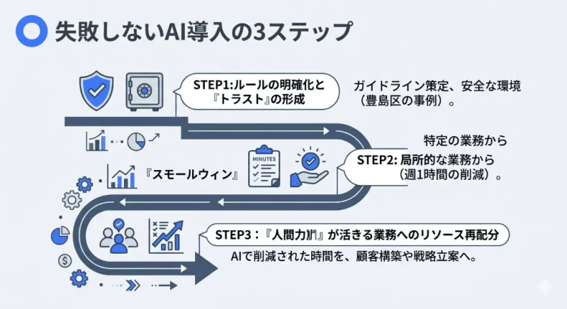 企業が失敗しないためのAI導入3ステップ（ルールの明確化、小さな成功の蓄積、人間力へのリソース再配分）のロードマップ図解