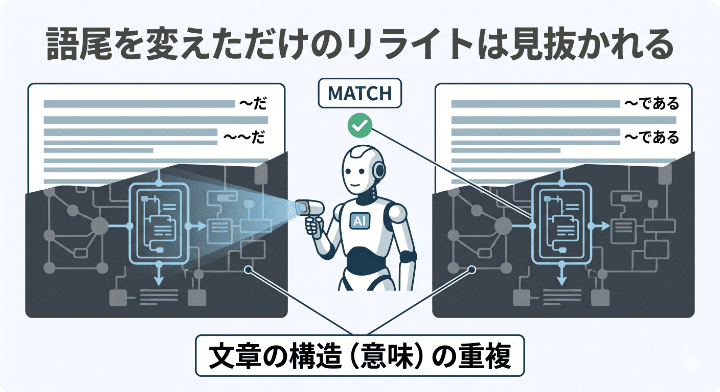 語尾を変えただけの簡易リライトが、文章の論理構造からGoogleのAIに見抜かれる様子のイメージ図