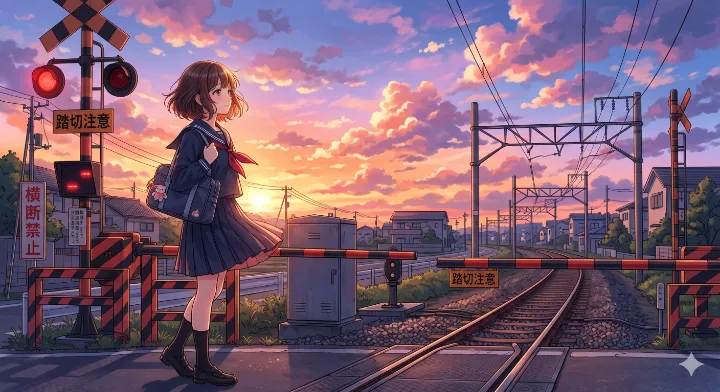 プロンプト例で生成した、夕焼けの踏切に立つセーラー服の女子高生を描いた高品質なアニメ風イラスト