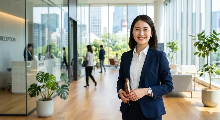 プロンプト例で生成した、オフィスで微笑む日本人女性ビジネスパーソンの高品質なポートレート
