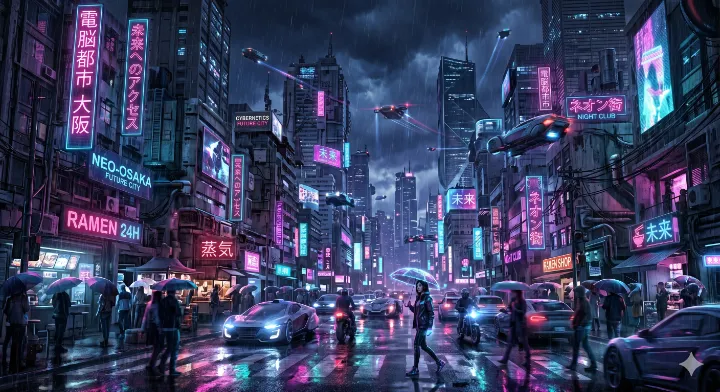 プロンプト例で生成した、雨の夜にネオンが輝くサイバーパンクな未来都市のコンセプトアート