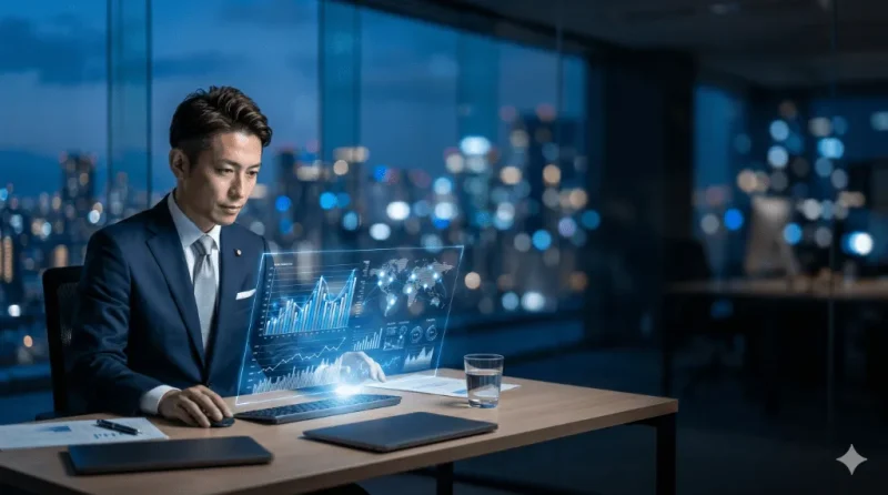 プロンプト例を用いて生成した、モダンなオフィスでホログラムデータグラフを見つめる日本人ビジネスパーソンの実写風アイキャッチ画像