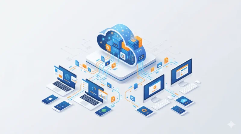 プロンプト例を用いて生成した、クラウドサーバーからデータが転送される仕組みを解説するアイソメトリックイラストのアイキャッチ画像