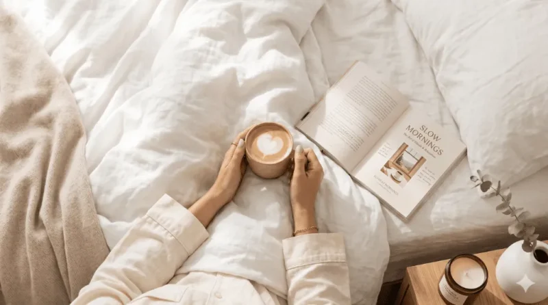 プロンプト例を用いて生成した、白いシーツの上でコーヒーを飲む女性のおしゃれなライフスタイル系アイキャッチ画像