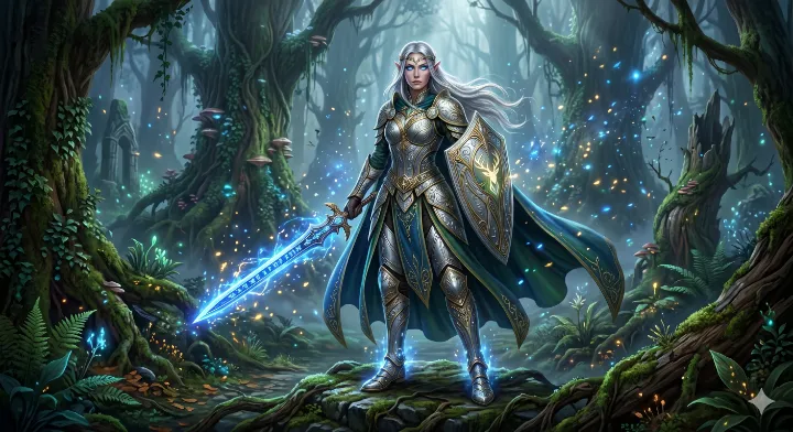 プロンプト例で生成した、古代の森に立つエルフの女性戦士のファンタジー風デジタルアート
