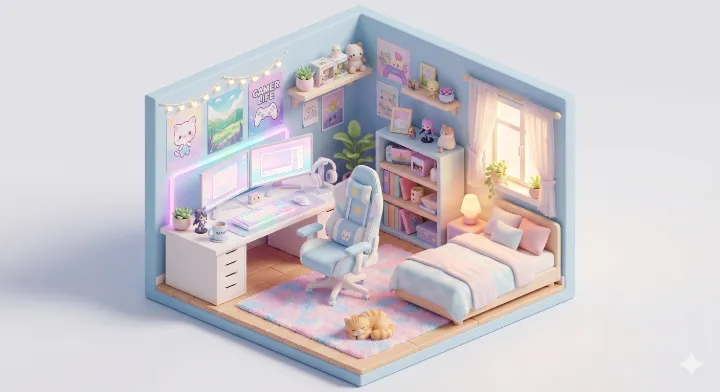 プロンプト例で生成した、パステルカラーでまとめられた3Dアイソメトリックなゲーミングルームのイラスト