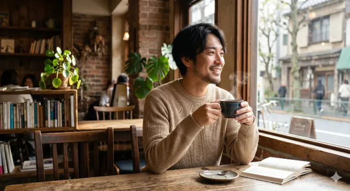 プロンプト例で生成した、カフェでリラックスする30代日本人男性の自然な雰囲気の写真