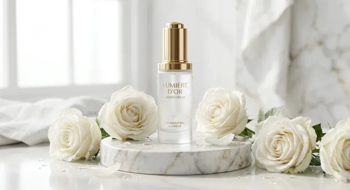 プロンプト例で生成した、大理石と白いバラを背景にした高級感のある美容液ボトルのイメージ画像