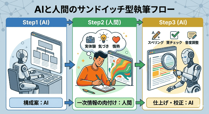AIで構成し、人間が肉付けし、AIが校正する「サンドイッチ型」執筆フローの図解