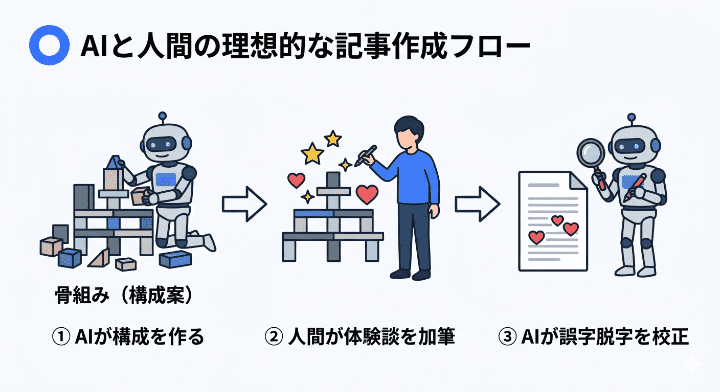 AIと人間が協力する記事作成の3ステップ。AIで構成を作り、人間が体験談を加筆し、最後にAIで校正する理想的なワークフロー