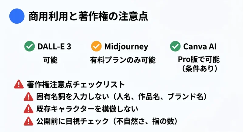 AI生成画像を安全に商用利用するための3ツールの規約比較と、著作権侵害リスクを避けるための注意点チェックリスト