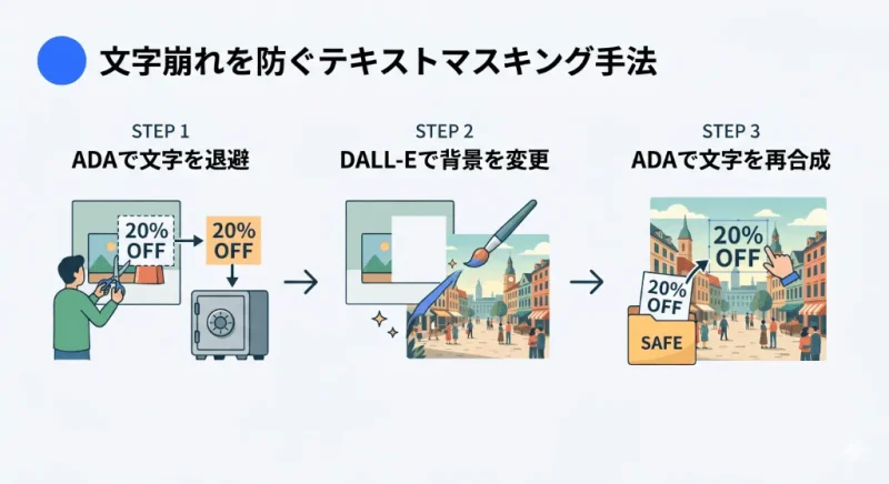 ADAで文字領域を退避させ、DALL-Eで背景を変更後、再びADAで文字を合成して文字崩れを防ぐテキストマスキングのフロー図