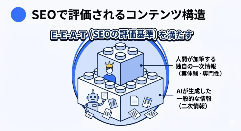AIが生成した情報に人間の一次情報（E-E-A-T）を加えることでSEOで評価されるコンテンツになる仕組みの図解