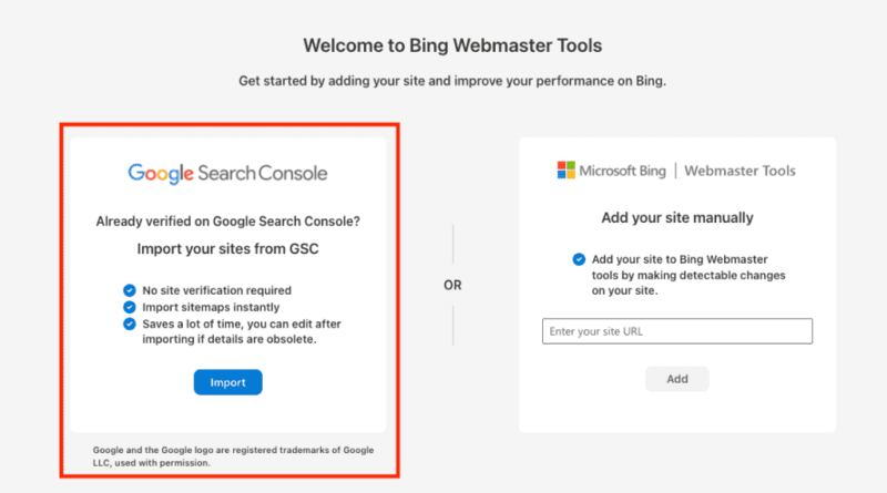 Bing Webmaster Toolsの初期設定画面。Google Search Consoleからのデータインポートを選択する画面のスクリーンショット。