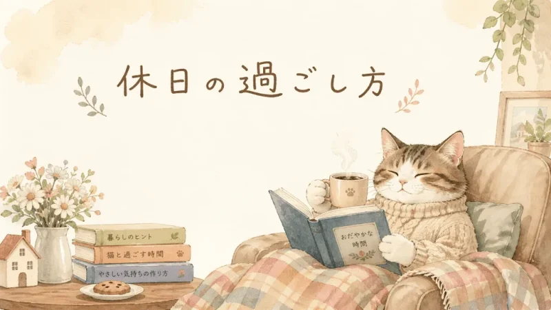 コーヒーを飲みながら本を読む猫の水彩画・パステルアート風アイキャッチ（ChatGPT生成）