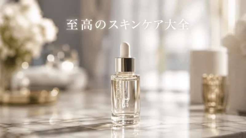 大理石テーブル上の美容液小瓶を描いたハイパーリアルなシネマティック写真風アイキャッチ（ChatGPT生成）