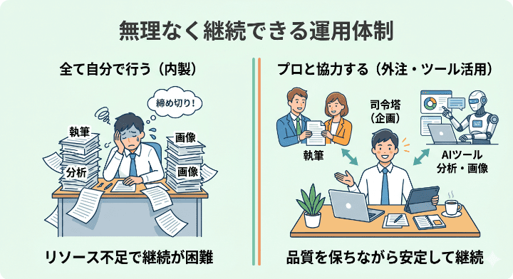 コンテンツマーケティングの内製化によるリソース不足と、外注・ツール活用による効率化の対比図