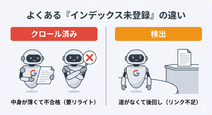 インデックス未登録エラーである「クロール済み（中身が薄く不合格）」と「検出（リンク不足で後回し）」の根本的な原因の違いを示す図解