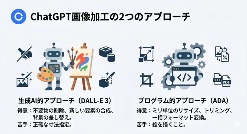 ChatGPTの画像加工におけるDALL-E 3（直感的な生成）とAdvanced Data Analysis（正確なプログラム処理）の得意・不得意の比較図